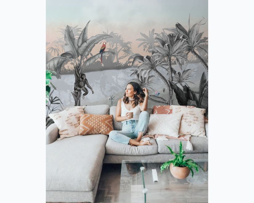 Colorful Parrot and Cute Monkey with Soft Forest Wallpaper Mural main product photo