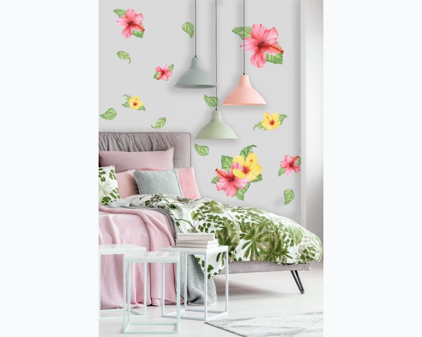 Pink Yellow Mirabilis Floral and Tropical Green Leaf Wall Decal Sticker main product photo