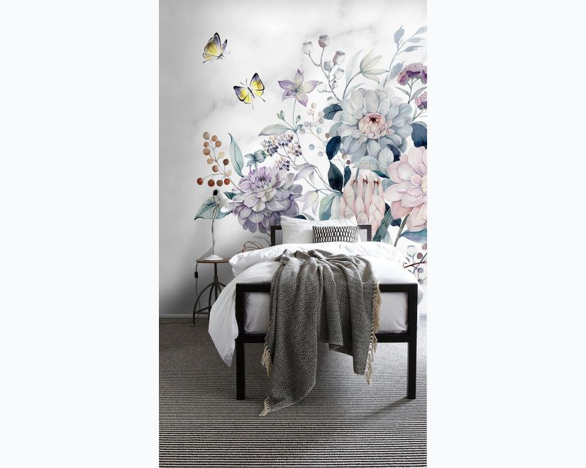 Soft Victorian Floral and Yellow Butterfly Wallpaper Mural main product photo