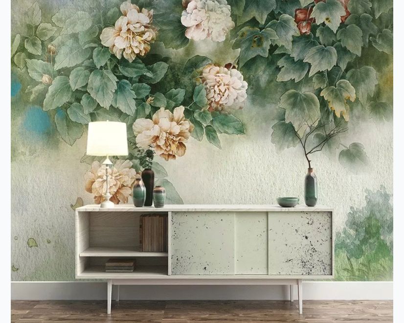 Vintage Floral and Green Leaf Wallpaper Mural main product photo
