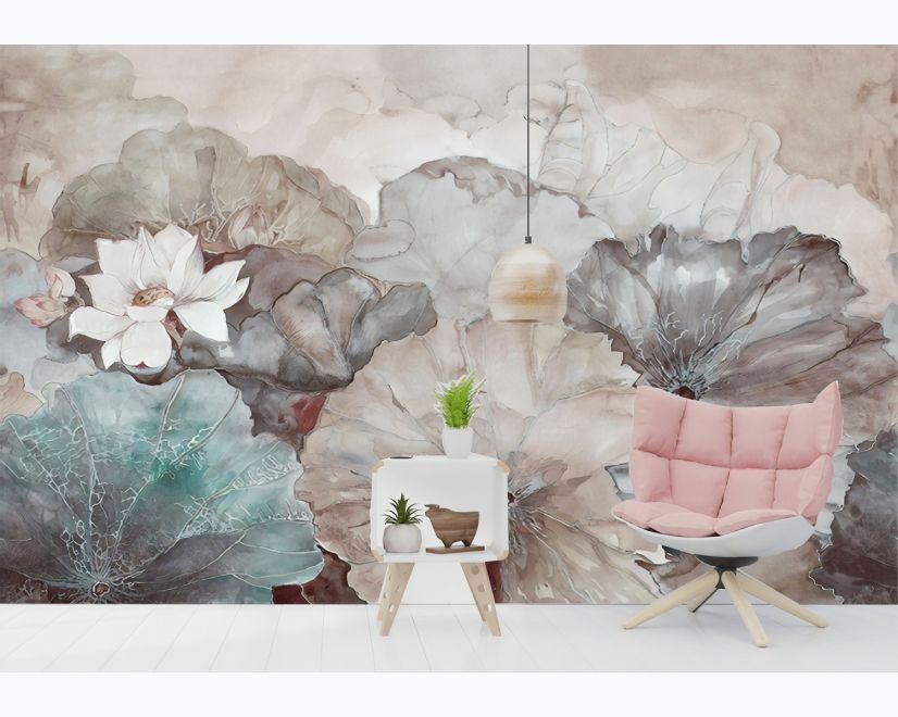 Vintage Floral with Retro Lotus Leaf Wallpaper Mural main product photo