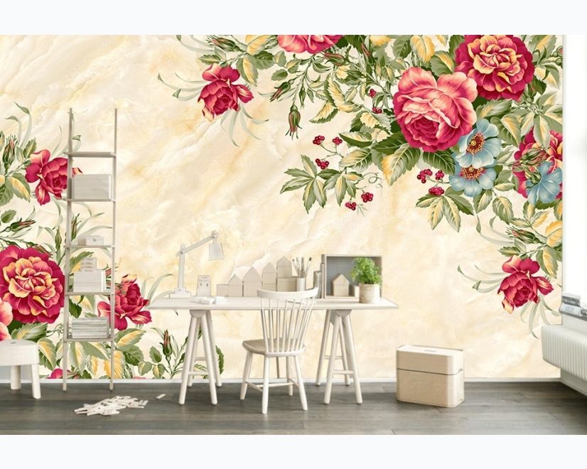 Vintage Pastel Red Floral Wallpaper Mural main product photo