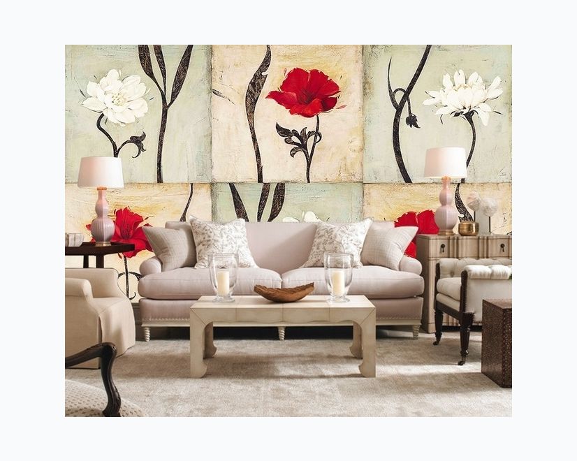 Vintage Red White Floral Wallpaper Mural main product photo