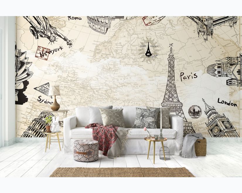 Vintage Map with Eiffel Tower Statue of Liberty Wallpaper Mural main product photo