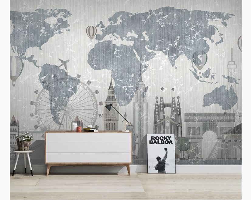 Vintage World Map with Old Hot Air Balloon Wallpaper Mural main product photo