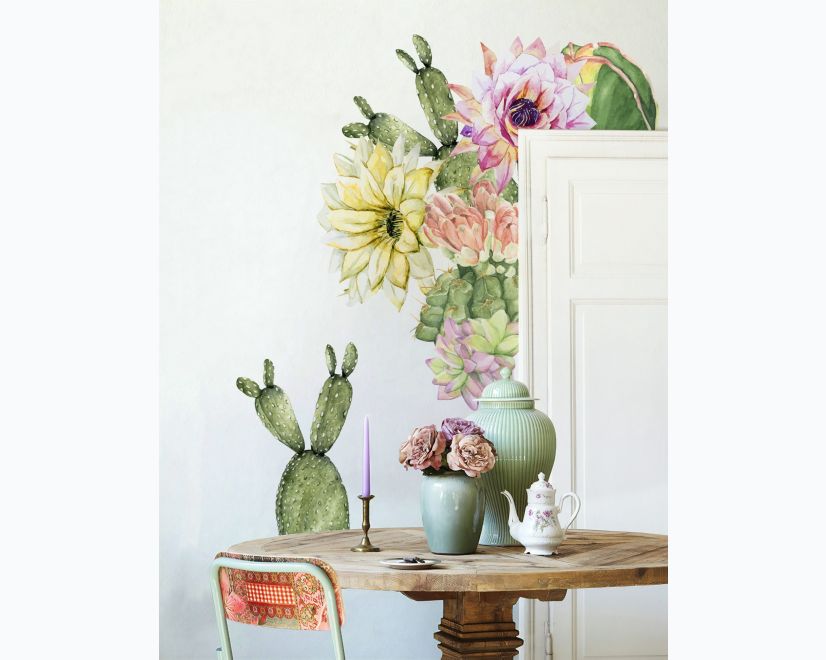 Watercolor Pink Yellow Cactus Florals Wall Decal Sticker main product photo