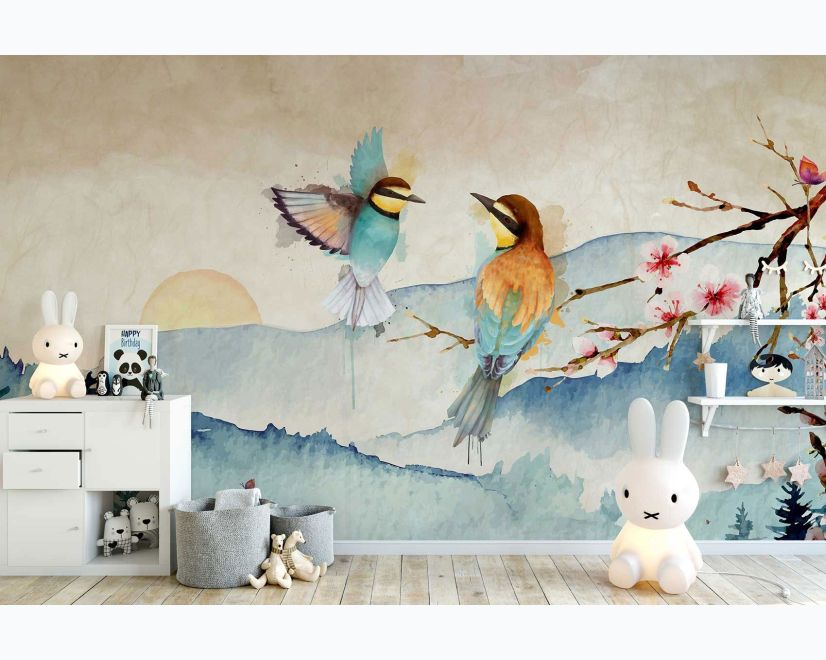 Watercolor Winter Landscape and Colorful Bird Wallpaper Mural main product photo