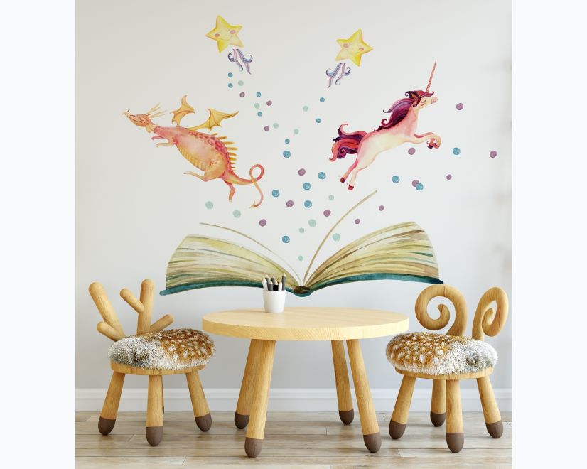 Kids Watercolor Unicorn and Dinosaurs in the Storybook Wall Decal Sticker main product photo