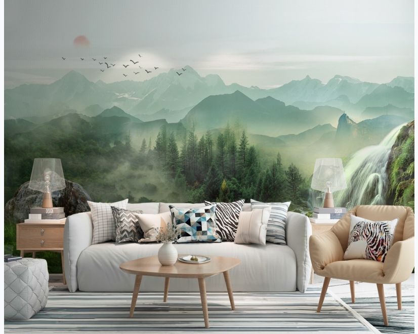 Waterfall with Misty Green Forest Landscape Wallpaper Mural main product photo