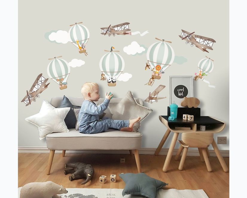 Kids Green Hot Air Balloon and Brown Aircraft with Clouds Wall Decal Sticker main product photo