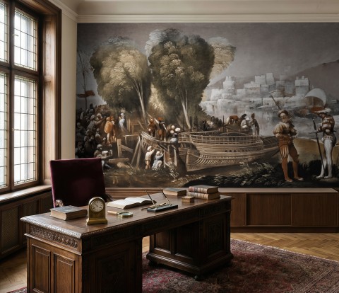 Medieval Lake Landscape with Boats Wallpaper Mural