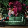 Pink Parrot with Colorful Floral Wallpaper Mural