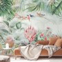 Colorful Tropical Exotic Cactus Floral with Little Birds Wallpaper Mural