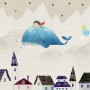 Cartoon Village and Little Child on the Flying Whale Wallpaper Mural