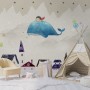Cartoon Village and Little Child on the Flying Whale Wallpaper Mural