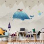 Cartoon Village and Little Child on the Flying Whale Wallpaper Mural