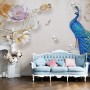 3D Embossed Look Tulip Floral with Peacock Wallpaper Mural