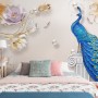 3D Embossed Look Tulip Floral with Peacock Wallpaper Mural