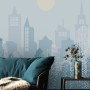 Blue Monochrome Cityscape and Soft Sun Wallpaper Mural