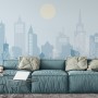 Blue Monochrome Cityscape and Soft Sun Wallpaper Mural