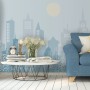 Blue Monochrome Cityscape and Soft Sun Wallpaper Mural