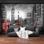 Monochrome Charcoal City Landscape and Red Bus Wallpaper Mural