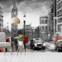 Monochrome Charcoal City Landscape and Red Bus Wallpaper Mural