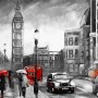 Monochrome Charcoal City Landscape and Red Bus Wallpaper Mural