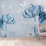 Blue Transparent Floral and White Butterflies Wallpaper Mural