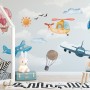 Cartoon Aircraft and Pink Hot Air Balloon Wallpaper Mural