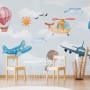 Cartoon Aircraft and Pink Hot Air Balloon Wallpaper Mural