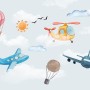Cartoon Aircraft and Pink Hot Air Balloon Wallpaper Mural