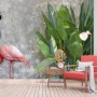 3D Look Pink Flamingo with Tropical Leaves Wallpaper Mural
