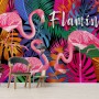 Pink Flamingo with Colorful Leaf Wallpaper Mural