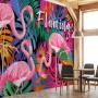 Pink Flamingo with Colorful Leaf Wallpaper Mural