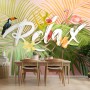 Pink Flamingo with Colorful Tropical Leaves Wallpaper Mural