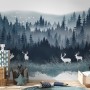 Misty Forest Landscape and Horned Deer Wallpaper Mural