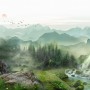Waterfall with Misty Green Forest Landscape Wallpaper Mural