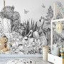 Monochrome Cactus Floral with Flamingo Drawing Wallpaper Mural