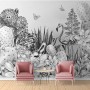 Monochrome Cactus Floral with Flamingo Drawing Wallpaper Mural