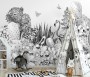 Monochrome Cactus Floral with Flamingo Drawing Wallpaper Mural