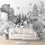 Monochrome Cactus Floral with Flamingo Drawing Wallpaper Mural
