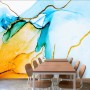 Blue Yellow Watercolor Brush with Modern Lines Wallpaper Mural