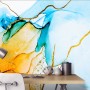 Blue Yellow Watercolor Brush with Modern Lines Wallpaper Mural