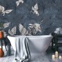 Dark Blue Grunge Style Leaves with Crane Birds Wallpaper Mural