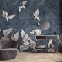 Dark Blue Grunge Style Leaves with Crane Birds Wallpaper Mural