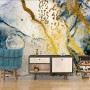 Dark Blue Ocean Brushes with Gold Style Waves Wallpaper Mural