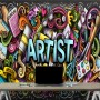 Drawing Graffiti Artist with Colorful Painting Wallpaper Mural