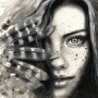 Monochrome Portrait Girl with Black Feathers Wallpaper Mural