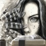Monochrome Portrait Girl with Black Feathers Wallpaper Mural